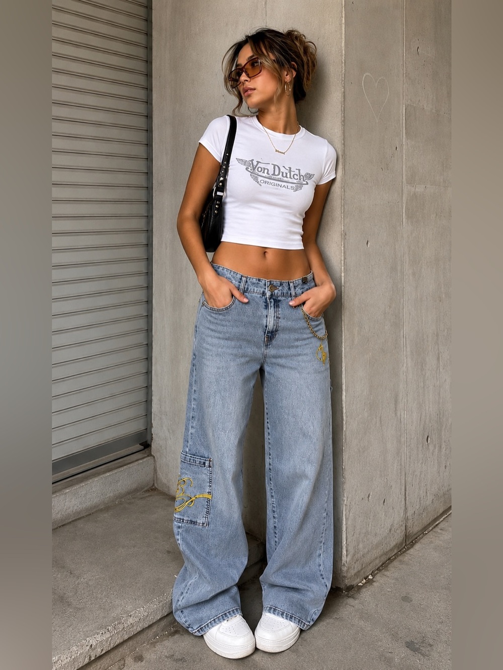 Baby phat Light Blue Wide Leg Embroidered Jeans with chain detailing